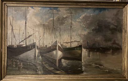 null G. ROBERT (XXth century) 
The port of Oostende 
Oil on canvas. 
Signed lower...