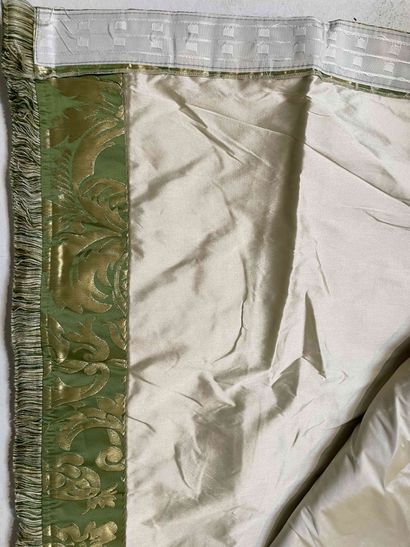 null Two pairs of curtains in green and gold silk brocade fabric with flowers and...