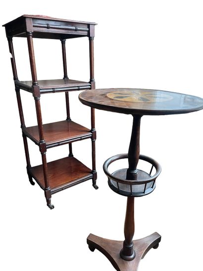 null Shelf with four trays, tripod pedestal table in light wood marquetry.