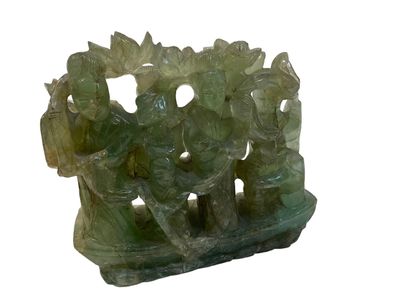 null Green hard stone sculpture with characters on a boat. Work of the Far East.
H...