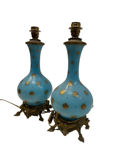 null Pair of baluster vases mounted in stained glass and gilding, brass mounts.
H...