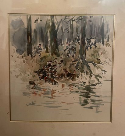 null School XIXth
Hunting scene at court
Watercolor on paper.
Bears a signature on...
