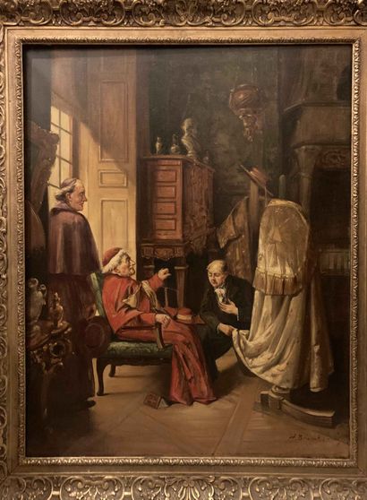 null Henri BRISPOT (1846-1928)
Cardinal and characters in an interior scene. 
Oil...