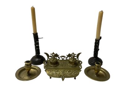 null Brass inkwell in Renaissance style. Two candlesticks in metal and wood composed...