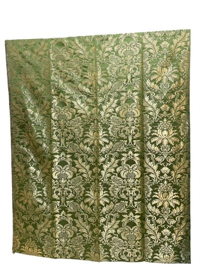 null Two pairs of curtains in green and gold silk brocade fabric with flowers and...