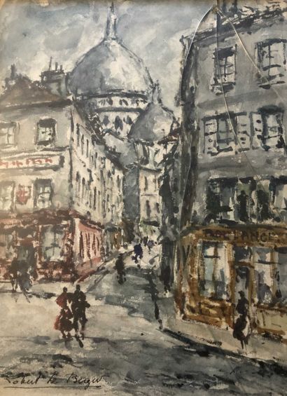 null Robert LE BERGER (1905-1972)
Norvins Street and the Dome of the Sacred Heart.
Watercolor...