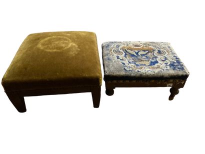 null Bench and two foot stools in natural wood, velvet top.