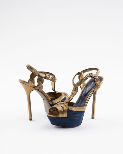 null SERGIO ROSSI: Midnight blue suede and gold-tone leather platform sandals with...