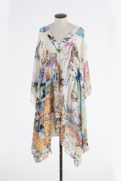 null VERSACE - RENA LANGE - White silk short Kaftan with shells and stylized characters....