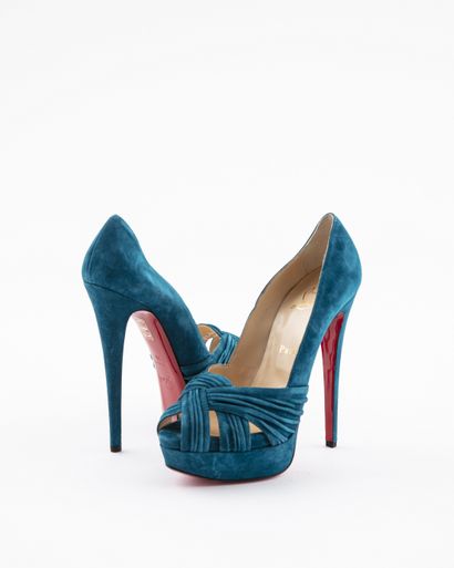 null Christian LOUBOUTIN: Pair of duck blue suede platform sandals, wide pleated...