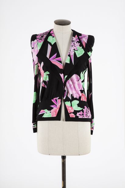 null LEONARD: Black silk jacket, pink and gray flower print and green and fuchsia...