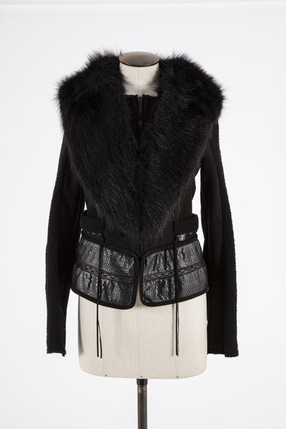 null ROBERTO CAVALLI: Black suede jacket, black fur collar, zipper closure, bottom...