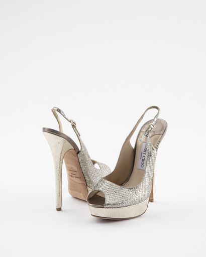 null JIMMY CHOO: Open-toe leather pumps trimmed with silver glitter fabric, leather-covered...