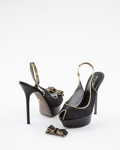 null SERGIO ROSSI: Open-toed pumps in black tulle trimmed with gold leather and decorated...