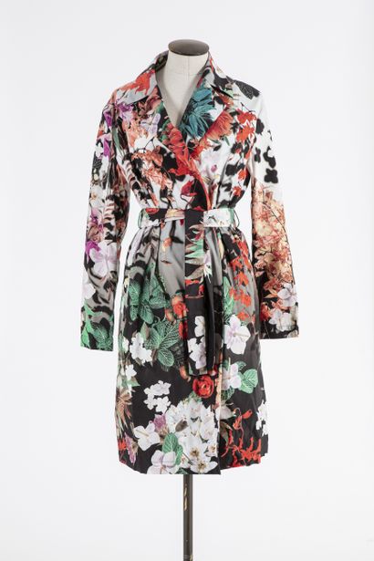 null ROBERTO CAVALLI: Grey polyamide raincoat with red-orange-pink flowers and foliage,...