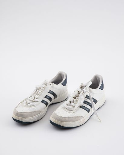 null ADDIDAS- FITSOLE: Two pairs of sneakers one in white leather striped blue, the...