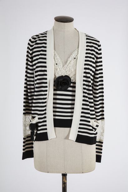 null CHANEL: Black and white striped viscose set consisting of a vest with two patch...