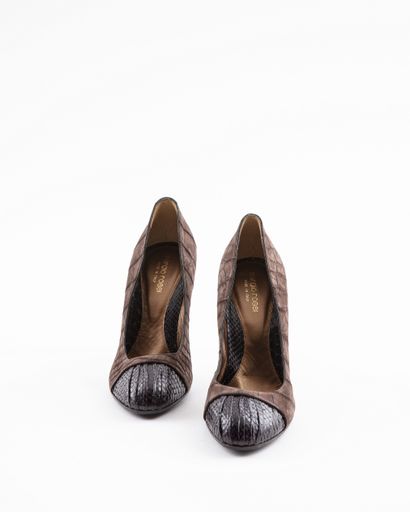 null SERGIO ROSSI: two pairs of suede and leather pumps, one brown with pleated leather...