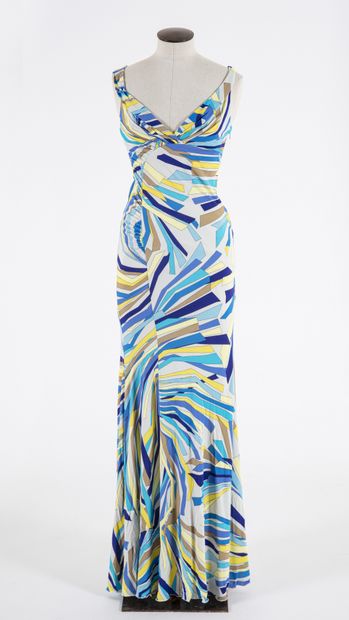 null EMILIO PUCCI: Grey silk long dress with blue, yellow and beige geometric patterns,...