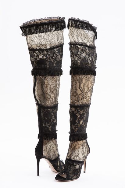 null GIANVITO ROSSI: Black suede and lace open-toed thigh-high boots with black bangs,...
