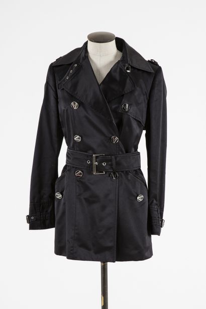 null VERSACE: Black silk raincoat, notched collar including a rectangular buckle...