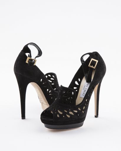 null JIMMY CHOO: Black suede open-toed sandals, close with a strap on the ankle....