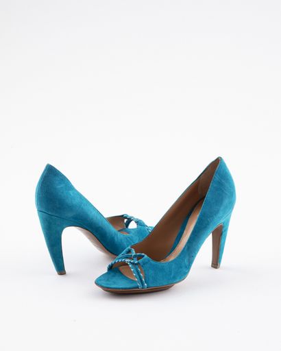 null SERGIO ROSSI: Lot of two pairs of open-toed pumps, one in ultramarine blue leather...