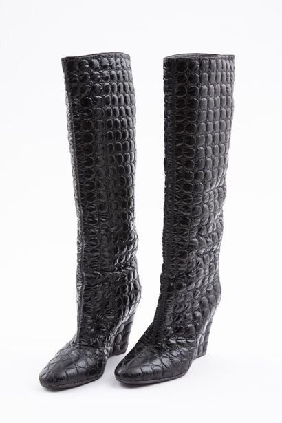 null SERGIO ROSSI: Pair of black suede thigh-high boots decorated with black leather...