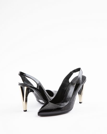 null VERSACE : Black patent leather pumps, strap at the back, stylized heel in gold...