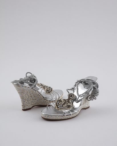 null ESCADA- SERGIO ROSSI: Wedge sandals in silver leather strap, decorated with...