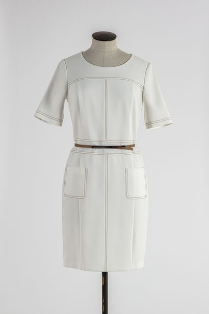 null CAROLINE BISS: Dress in polyester and white cotton with beige stitching, round...