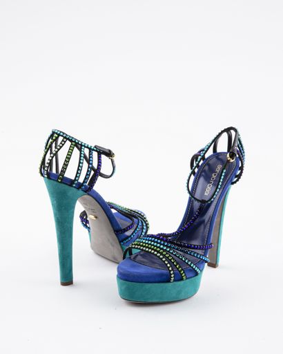 null Sergio ROSSI: Turquoise green leather and suede platform sandals, Klein blue,...