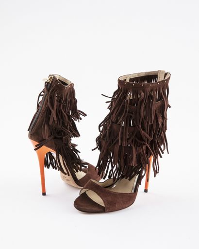 null JIMMY CHOO: Open-toed ankle boots in brown openwork suede with fringe decoration,...