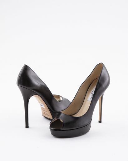 null VERSACE - JIMMY CHOO: Two Pairs of smooth black leather open-toed pumps, one...