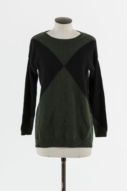 null ERIC BOMPARD: Khaki and black cashmere sweater with geometric design, round...