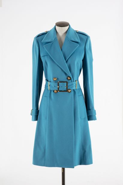null VERSACE: Turquoise blue wool and cashmere coat, notched collar, long sleeves,...