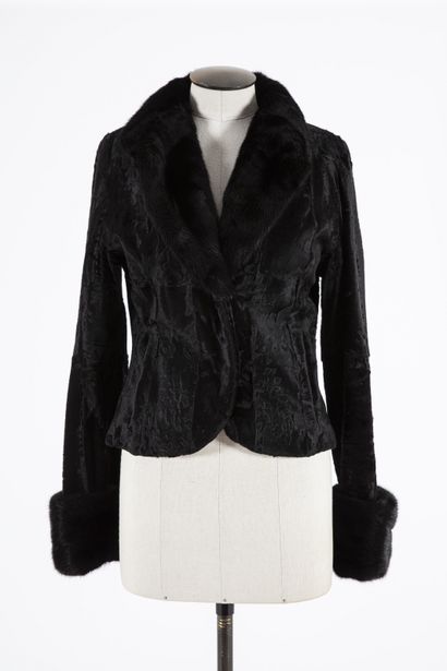 null MILADY: Black fur jacket, large notched collar in dark mink, hook closure, long...