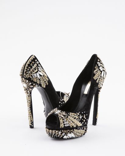 null CASADEIS : Open toe platform shoes in black suede covered with embroidery and...