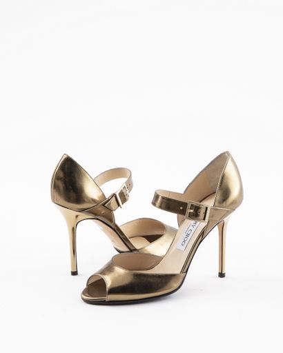null JIMMY CHOO: Lot including: Pair of smooth black leather open-toed pumps with...