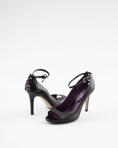 null SERGIO ROSSI: Black leather open-toed pumps, ankle strap closure, heel with...