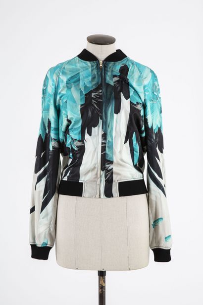 null ROBERTO CAVALLI : Blouson léger en soie à motif stylisé de plumes bleu turquoise,...