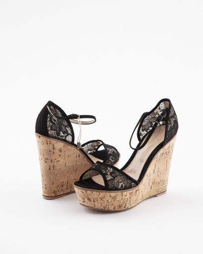 null GIANVITO ROSSI: Black lace and suede wedge sandals, ankle strap closure, cork...