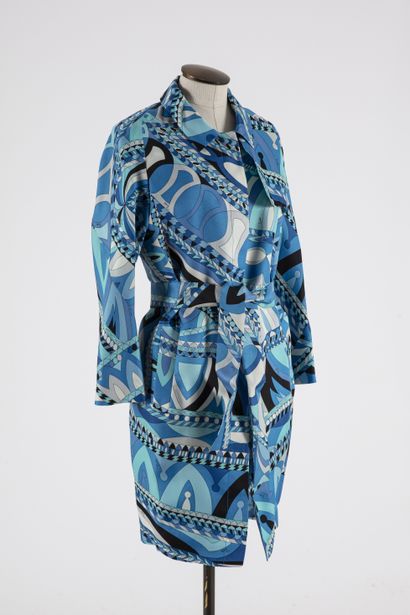 null EMILIO PUCCI: Long jacket in white viscose with blue-green-black stylized decorations,...