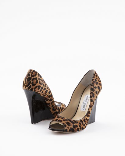 null JIMMY CHOO: Two Pairs of open-toe wedge pumps, one in leather fully covered...
