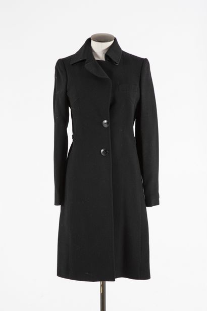 null VERSACE: long black wool coat, notched collar, single buttoned, trompe l'il...