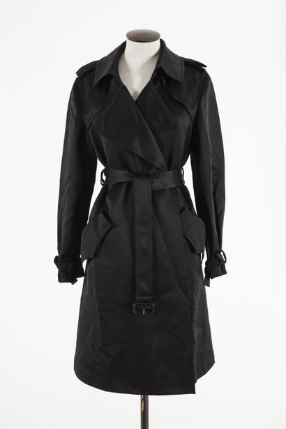 null Yves SAINT LAURENT: Black silk and wool raincoat, notched collar, tabs on shoulders,...