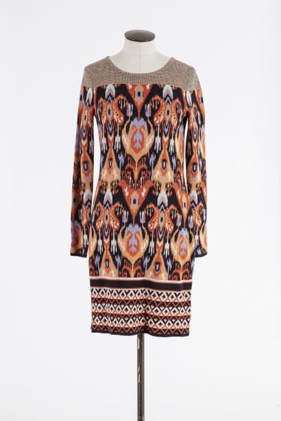 null SHANGHAITANG : Robe Pull en laine à décor de motifs stylisés fauves sur fond...
