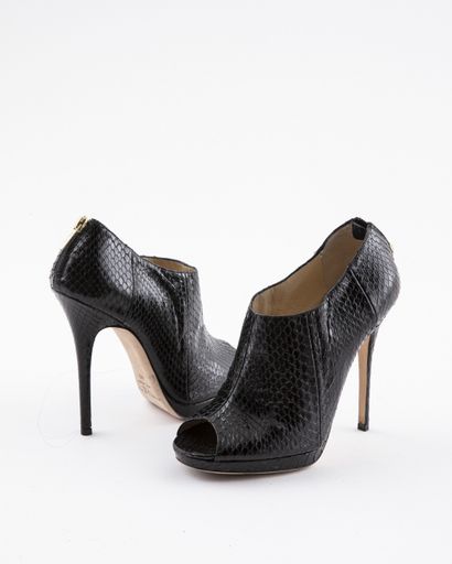 null JIMMY CHOO: Black leather lizard-style open-toe boots with a zip closure at...
