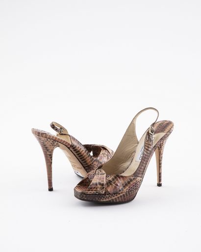 null SERGIO ROSSI - JIMMY CHOO: Two pairs of open-toed sandals in beige reptile leather,...