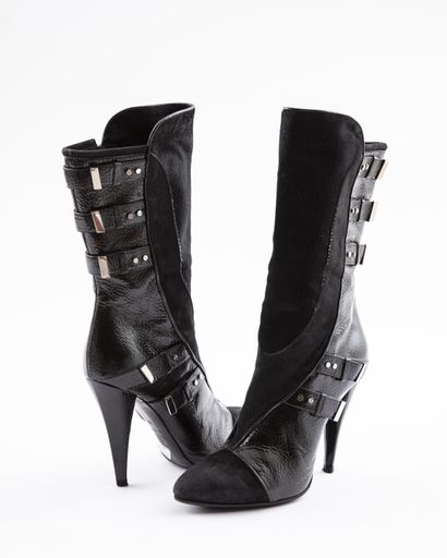 null VERSACE: High boots in patent leather and suede, embellished with leather straps...